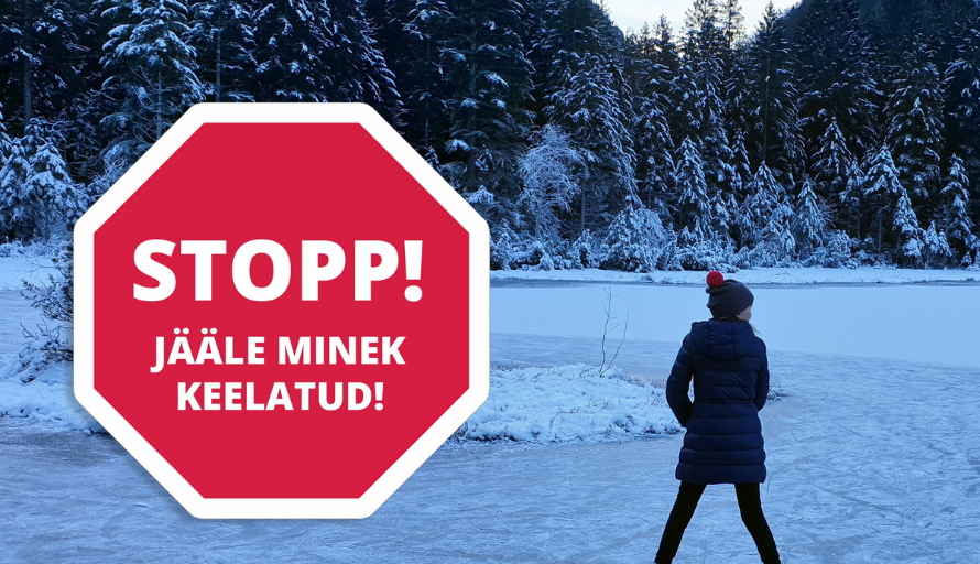 Pildil naisterahvas jääl, suurelt stop-silt, jääle minek keelatud