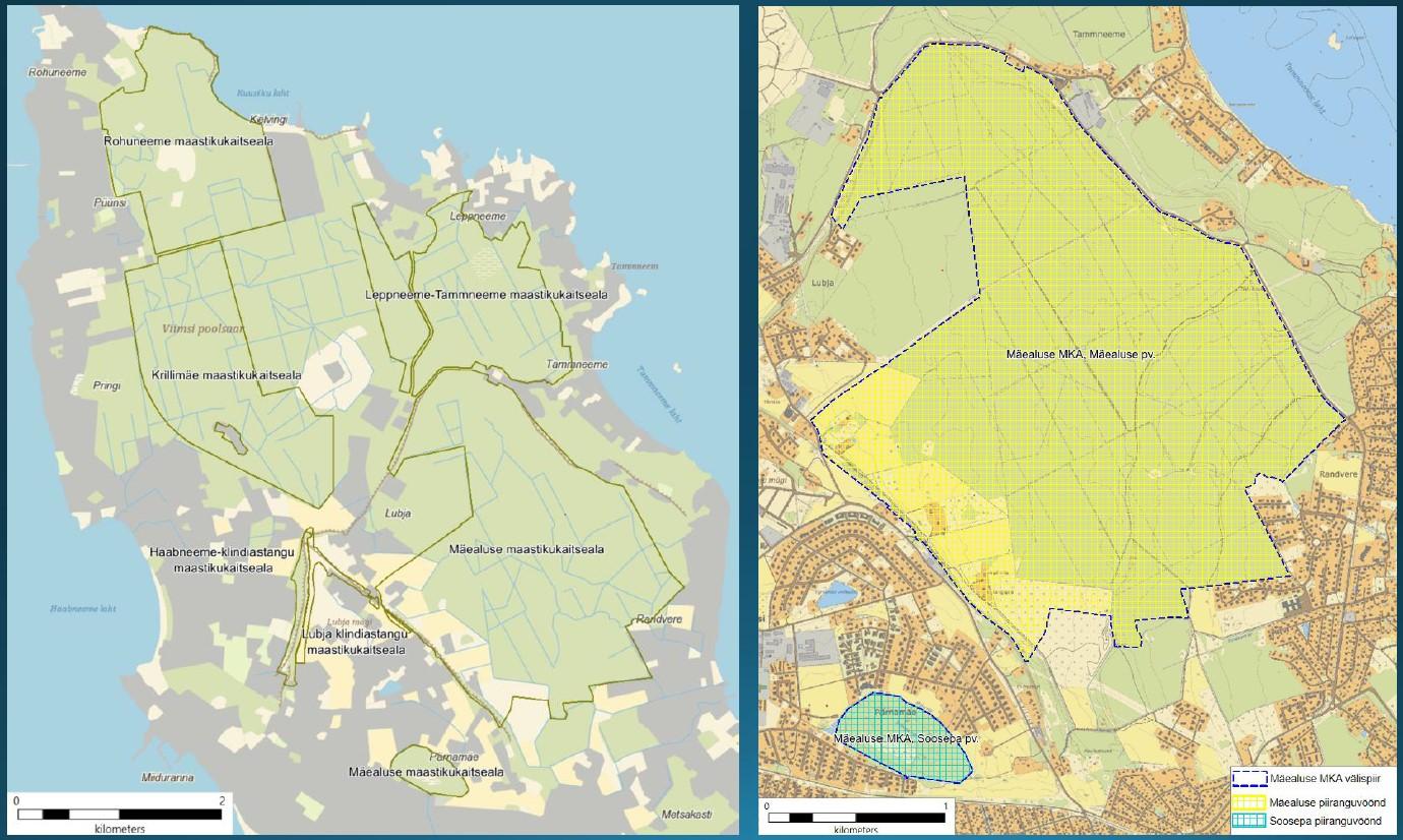 kaardil kõik Viimsi maastikukaitsealad ja võrldusena Mäealuse maastikukaitseala